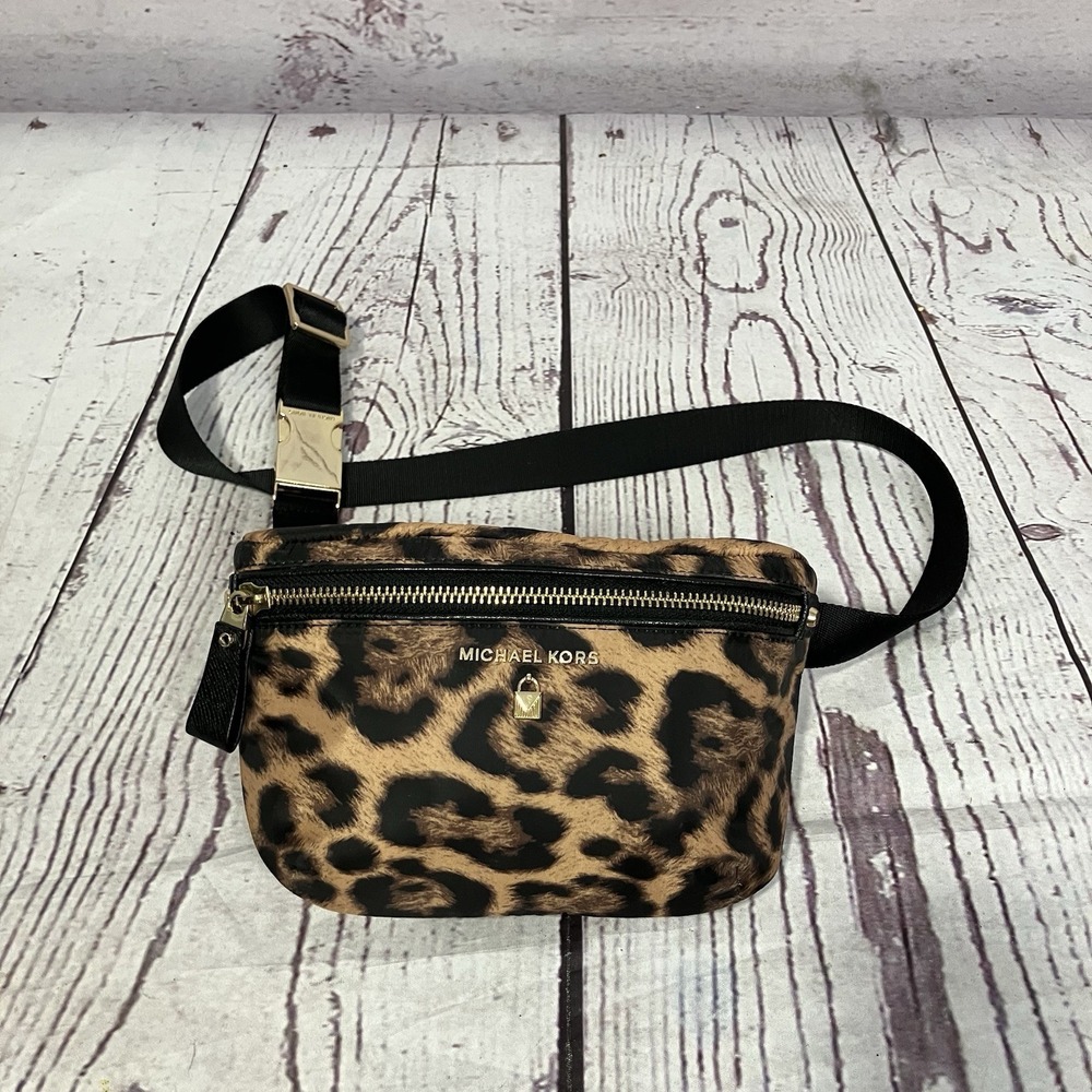 Michael Kors Leopard Print Belt Bag Fanny Pack Gold Tone Zip Adjustable